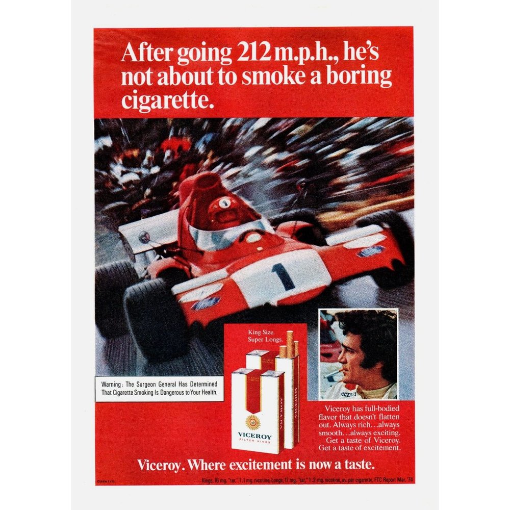1975 Viceroy Cigarattes Where Excitement is Now a Taster Vintage Print Ad Racing